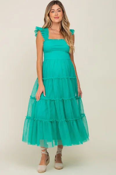 PinkBlush Jade Smocked Mesh Ruffle Accent Maternity Midi Dress