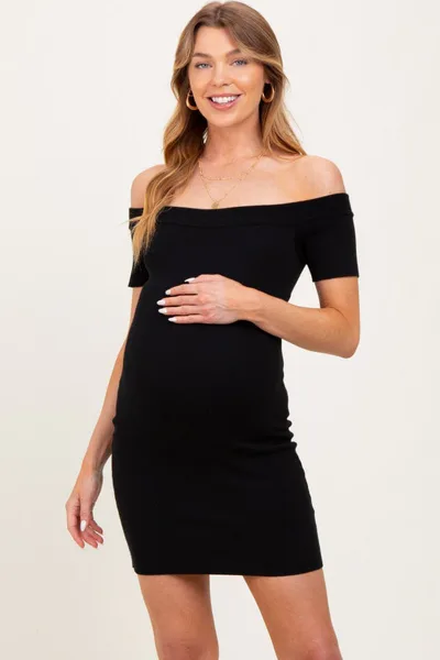 PinkBlush Black Off Shoulder Knit Maternity Mini Dress