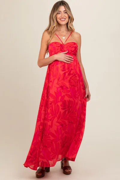 PinkBlush Red Halter Maxi Maternity Dress