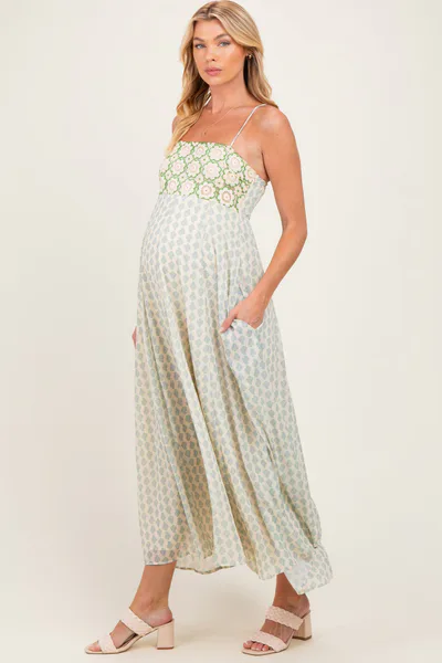 PinkBlush Green Floral Crochet Bodice Maternity Maxi Dress