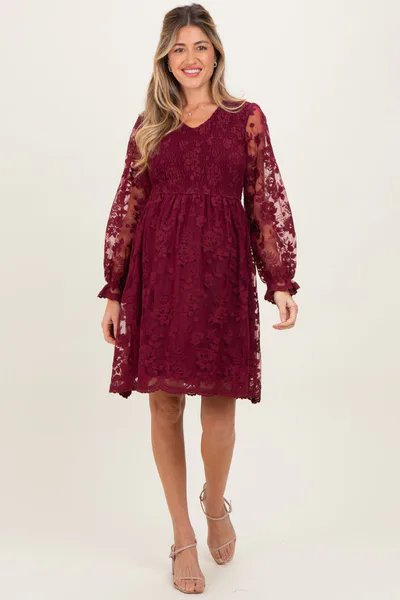 PinkBlush Burgundy Embroidered Lace Smocked Long Sleeve Maternity Dress