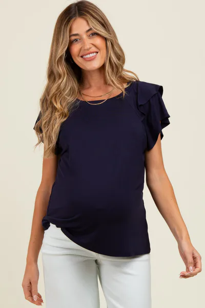 PinkBlush Navy Double Ruffle Sleeve Maternity T-Shirt