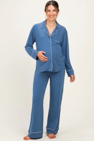 PinkBlush Dusty Blue Button Down Top Wide Leg Pant Maternity Pajama Set