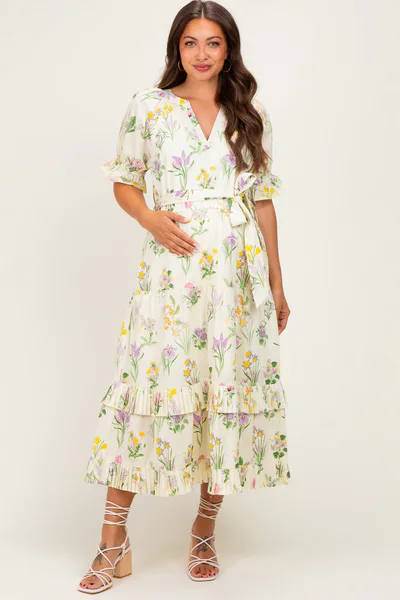 PinkBlush Cream Floral Belted Tiered Maternity Midi Dress