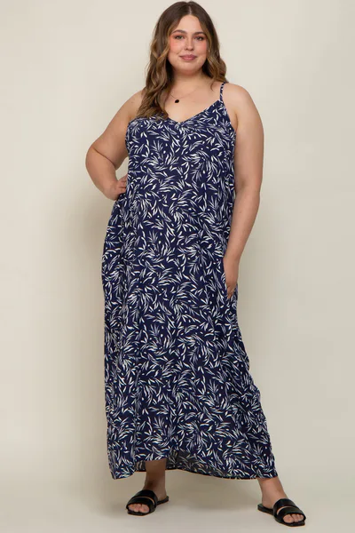 PinkBlush Navy Leaf Print Double V-Neck Maternity Plus Maxi Dress