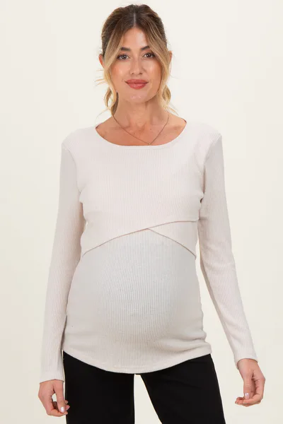 PinkBlush Cream Ribbed Crossover Maternity/Nursing Top