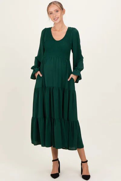 PinkBlush Forest Green Smocked Tiered Long Sleeve Maternity Maxi Dress