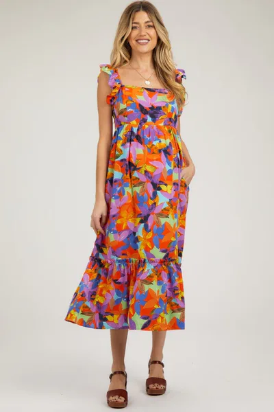 PinkBlush Orange Floral Satin Square Neck Ruffle Strap Maternity Midi Dress