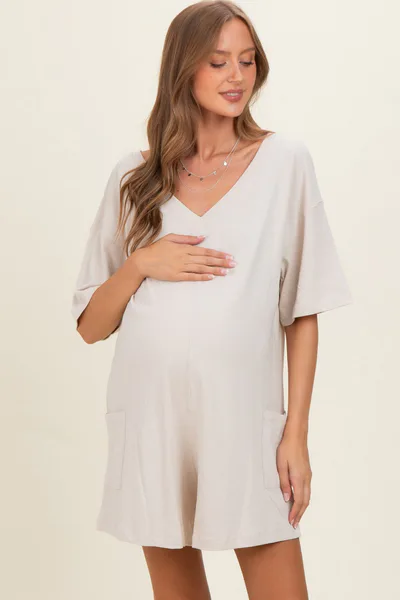 PinkBlush Beige Scoop Neck Maternity Romper