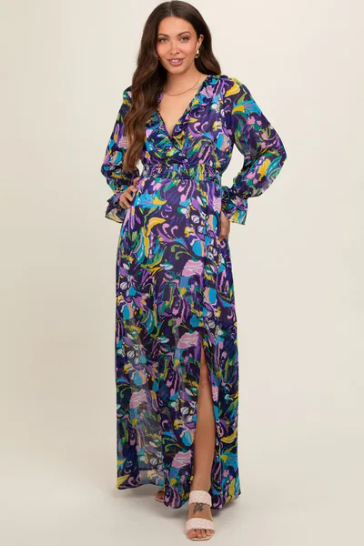 PinkBlush Purple Print Ruffle Long Sleeve Maternity Maxi Dress