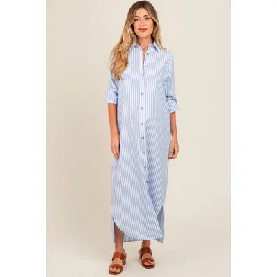 Target Pinkblush Light Blue Striped Button Down Maternity Maxi Dress Large