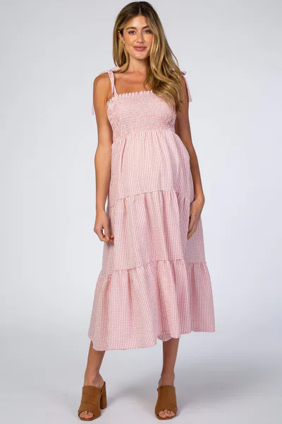 PinkBlush Pink Checkered Tiered Maternity Midi Dress