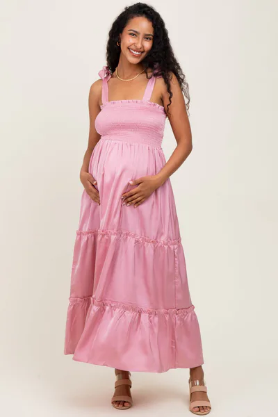 PinkBlush Pink Satin Smocked Maternity Maxi Dress
