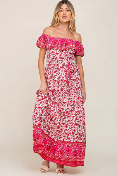 PinkBlush Red Floral Paisley Ruffle Off Shoulder Maternity Maxi Dress