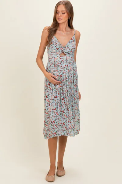 PinkBlush Aqua Floral Twisted Front Cutout Maternity Midi Dress