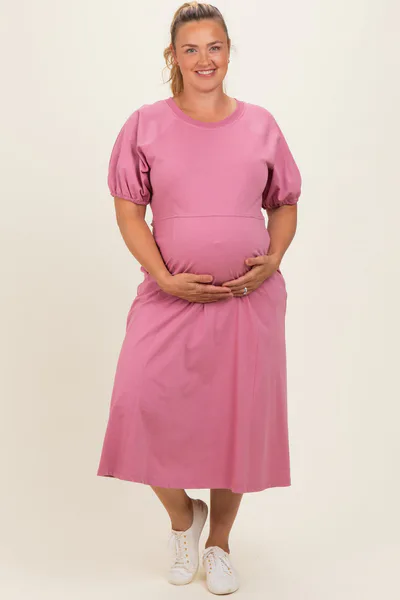 PinkBlush Pink Puff Sleeve Maternity Plus Midi Dress