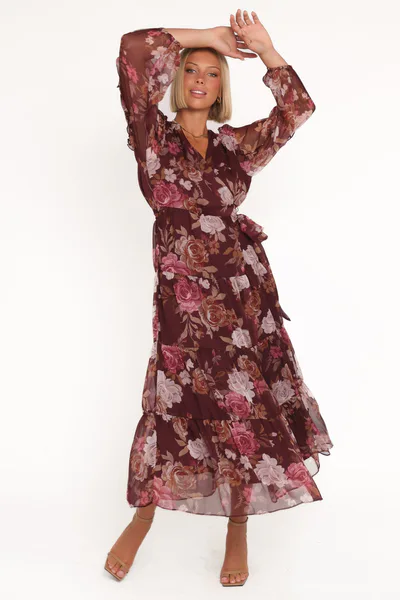 Petal & Pup Korina Long Sleeve Maxi Dress - Burgundy Brandy Bloom
