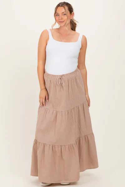 PinkBlush Taupe Gingham Tiered Maternity Maxi Skirt