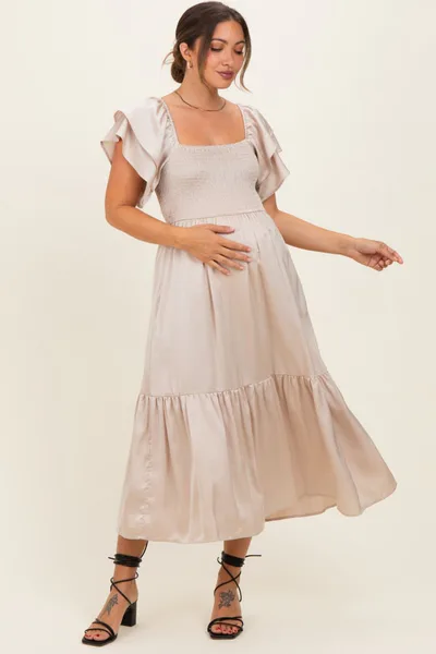 PinkBlush Champagne Satin Flutter Sleeve Maternity Midi Dress