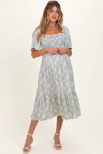 PinkBlush Light Blue Floral Smocked Maternity Midi Dress
