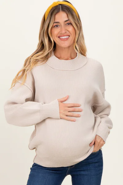 PinkBlush Beige Wide Neck Drop Shoulder Maternity Sweater