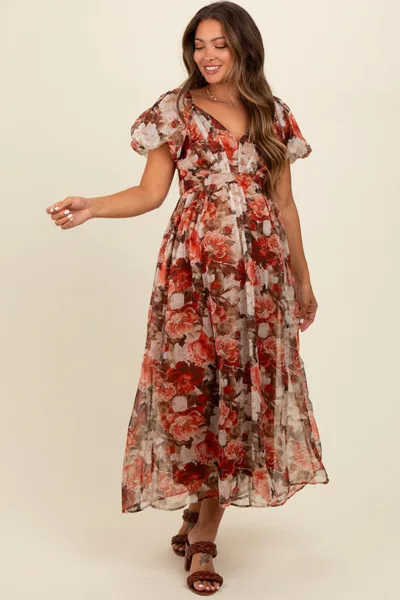 PinkBlush Rust Floral Puff Sleeve Maternity Maxi Dress