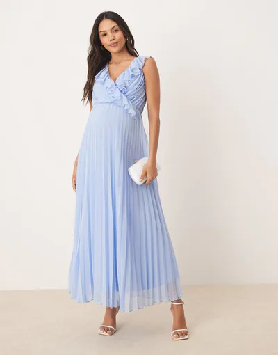 ASOS frill wrap detail pleated midi dress in baby blue
