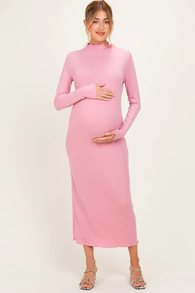 PinkBlush Mauve Ruffle Mock Neck Long Sleeve Maternity Midi Dress