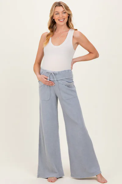 PinkBlush Dusty Blue Mineral Wash Waffle Knit Wide Leg Maternity Pants