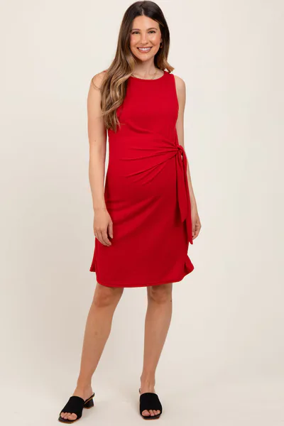 PinkBlush Red Boat Neck Sleeveless Side Tie Maternity Mini Dress