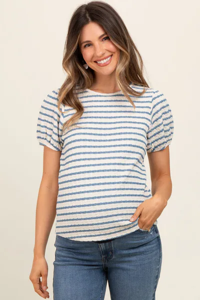 PinkBlush Light Blue Striped Textured Puff Sleeve Maternity Top