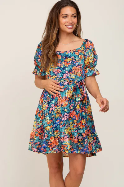 PinkBlush Navy Floral Chiffon Ruffle Accent Maternity Dress