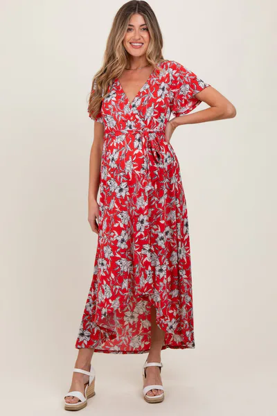 PinkBlush Red Floral Sash Tie Maternity Wrap Hi-Low Dress