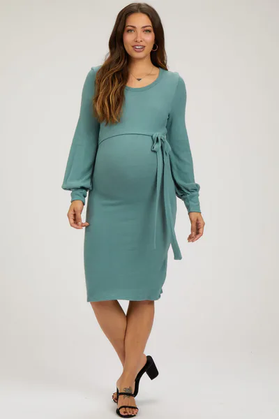 PinkBlush Green Soft Brushed Waist Tie Bubble Sleeve Maternity Dress