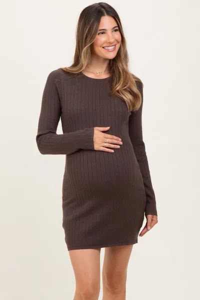 PinkBlush Brown Ribbed Long Sleeve Maternity Short Dress