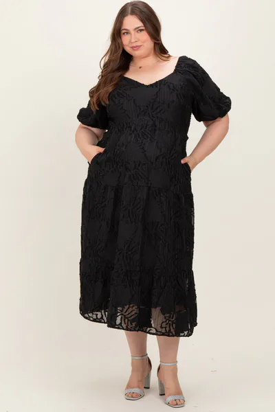 PinkBlush Black Leaf Textured Tiered Maternity Plus Midi Dress