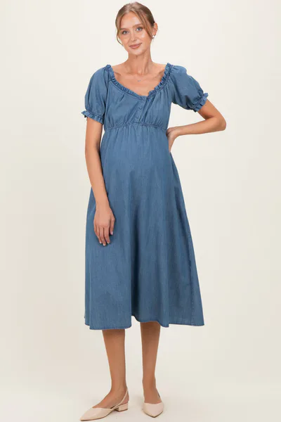 PinkBlush Blue Chambray Ruffle Neckline Maternity Midi Dress