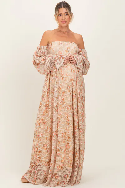 PinkBlush Multi Color Floral Lace Smocked Long Sleeve Off Shoulder Maternity Maxi Dress