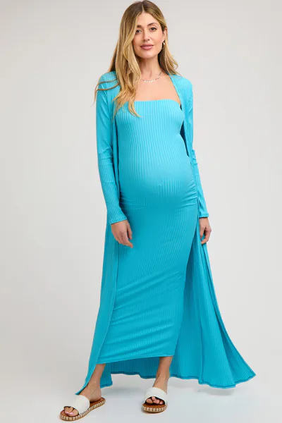 PinkBlush Aqua Ribbed Sleeveless Dress Cardigan Maternity Set