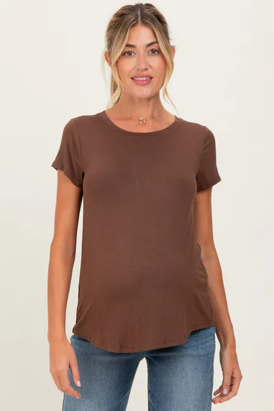 PinkBlush Brown Basic Short Sleeve Maternity Top