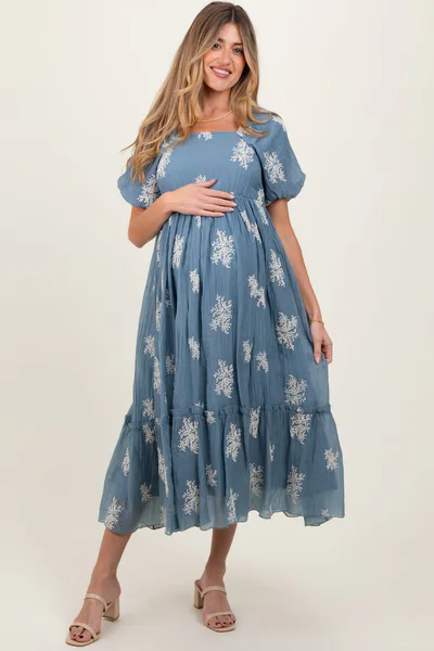 PinkBlush Blue Floral Print Ruffle Hem Maternity Midi Dress