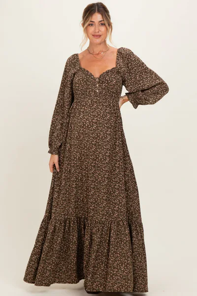 PinkBlush Olive Floral Button Accent Long Sleeve Maternity Maxi Dress
