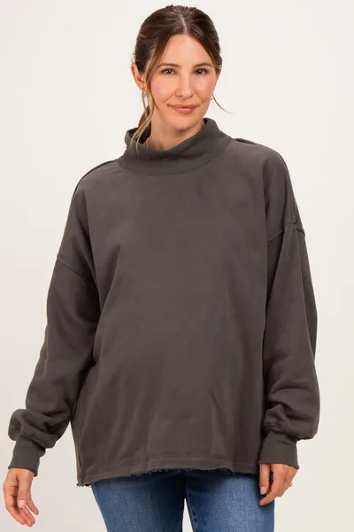 PinkBlush Charcoal Washed Oversized Mock Neck Maternity Sweatshirt