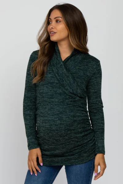PinkBlush Green Soft Heathered Draped Wrap Maternity/Nursing Top