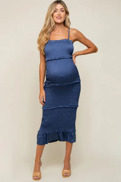 PinkBlush Blue Satin Smocked Fitted Maternity Maxi Dress