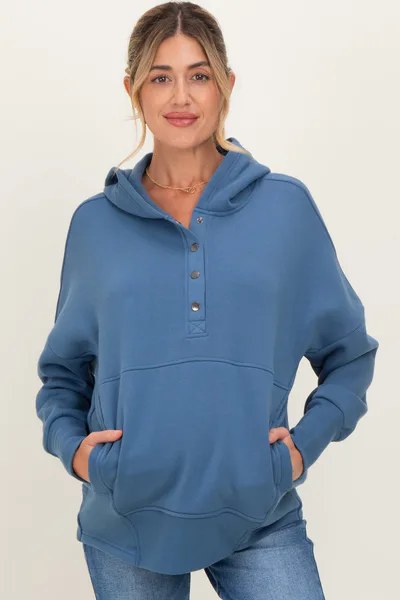 PinkBlush Dusty Blue Fleece Snap Button Maternity Hoodie