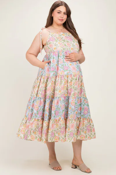 PinkBlush Pink Floral Colorblock Tiered Maternity Plus Maxi Dress