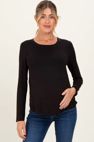 PinkBlush Black Flowy Round Hem Maternity Long Sleeve Top