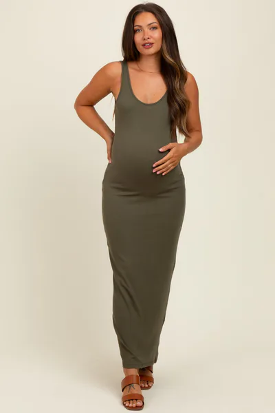 PinkBlush Olive Scoop Neck Sleeveless Rayon Rib Maternity Maxi Knit Dress