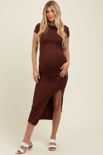 PinkBlush Brown Side Slit Maternity Maxi Dress